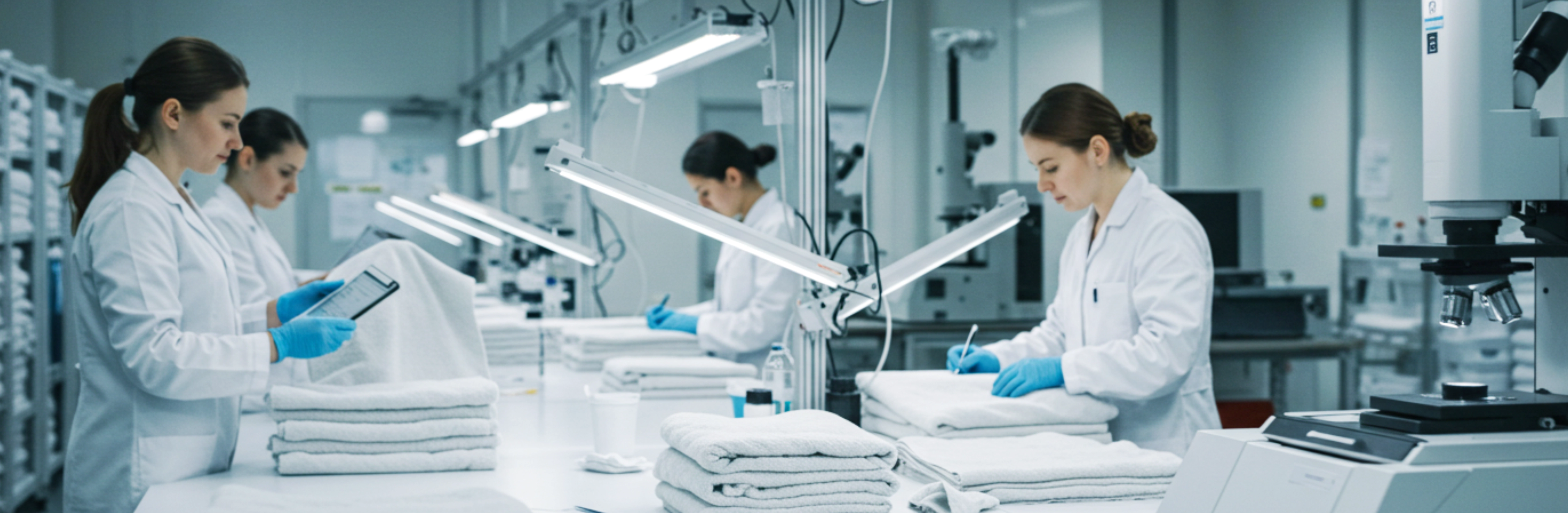 inspecting white towels in lab